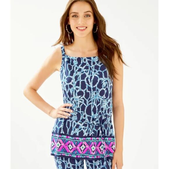 Lilly Pulitzer Adley Tank Top Tunic Lucky Bamboo Engineered in High Tide Sz XXS - Picture 1 of 13
